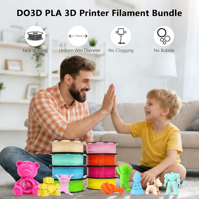 1.75mm 3D Printer PLA Filament 8 Colors Bundle: Pink, Yellow, Orange, Lime Green, Sky Blue, Cyan, Beige, Rose Red, 8 Spools Packed, Each 250g, Total 2Kg 3D Printing Material, 250g x 8 Spools