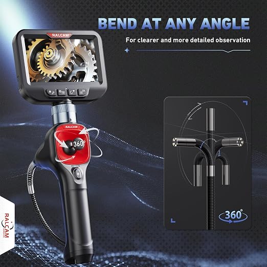 Ralcam 360° Articulating Borescope, 6.2mm/0.24in Slim Probe | 4X Zoom, Joystick 4 Ways Endoscope Inspection Camera with Light for Automotive Engine, HVAC, Mechanics