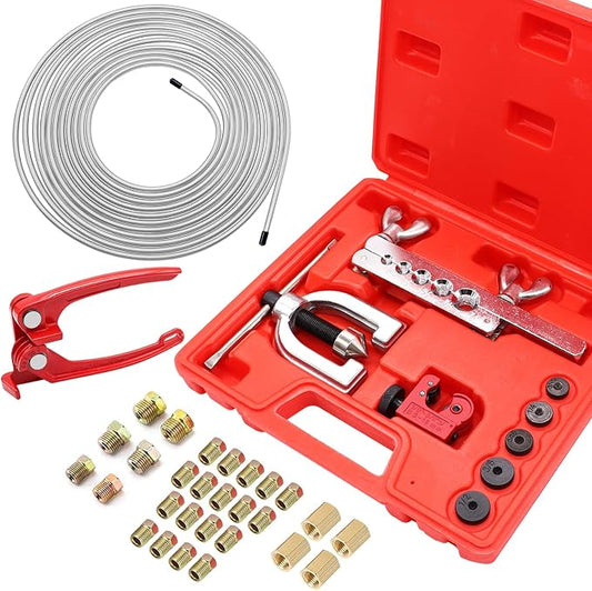 25 ft 3/16inch Zinc Coated Alloy Brake Line Kit(Includes 24 Fittings and 4 Unions) with Tube Bender and Double & Single Flaring Tool Kit