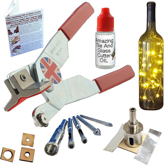 Glass Cutter - Tool Kit for Glass - Hole Saw and Drill Bits for Lights and Bottle – Block Crafts, Make Bird Feeders Fix Broken Window Panes, Picture Frames - Oil - How to Cut Instructions & Qr Videos