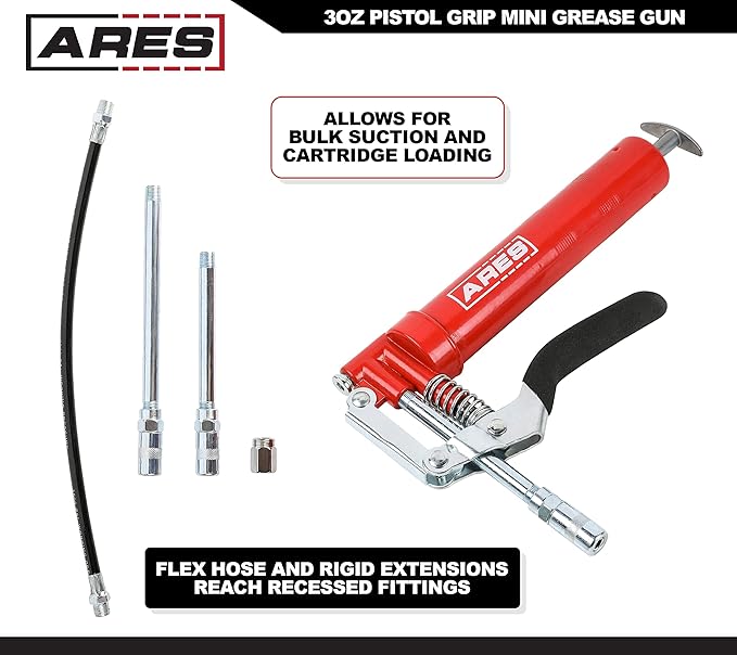 ARES 53011 – 3oz Pistol Grip Mini Grease Gun – Includes 12-Inch Flex Hose and 4-Inch and 6-Inch Straight Extensions – 3000 PSI Working Pressure Rating