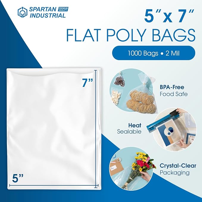 5" X 7" Open-End Flat Poly Bags (1000 Count) - 2 Mil Clear Plastic Bags for Packaging and Storage - No Adhesive Strip - Spartan Industrial