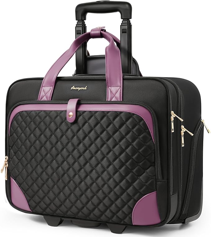 Arcoyard Rolling Laptop Bag, Rolling Briefcase for Women with Waterproof Pocket, 16 Inch Computer Bag, Underseat Carry On Luggage with Wheels for Work Travel Business, Lightweight Black Purple