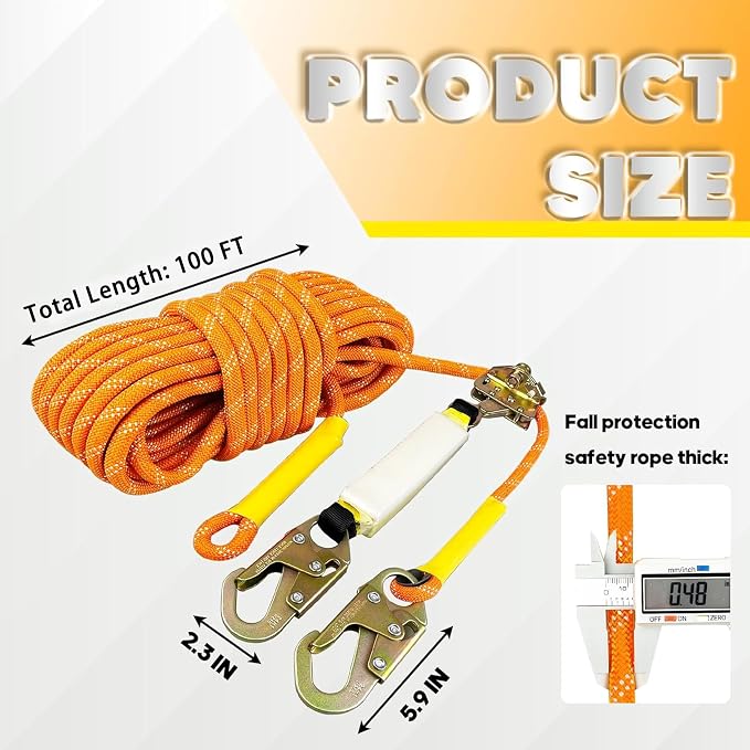 Fall Protection Safety Rope 100 FT Heavy Duty Vertical Roofing Rope with Alloy Steel Grab Snap Hooks Shock Absorber Fall Protection Tree Climbing Line Kit Tree Stand Safety Line Kit