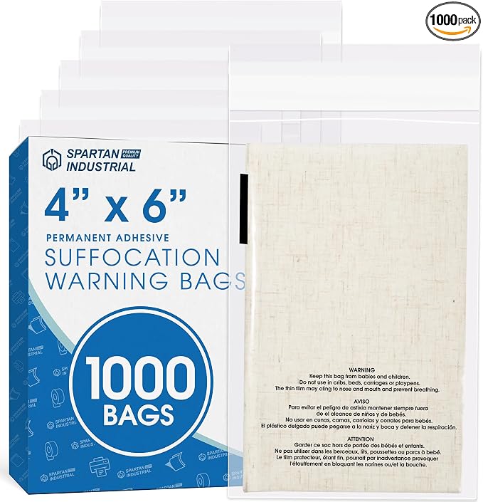 Spartan Industrial - 4” X 6” (1000 Count) Self Seal Clear Poly Bags with Suffocation Warning for Retail Packaging, Shipping - Permanent Adhesive