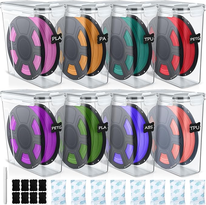 8 Pack 3D Printer Filament Storage Box - Portable Sealed Filament Container 4.0 L Water-Proof & Dust-Proof with Desiccant, Tag, Pen for Studio Office Workshop Home, Only Case Set