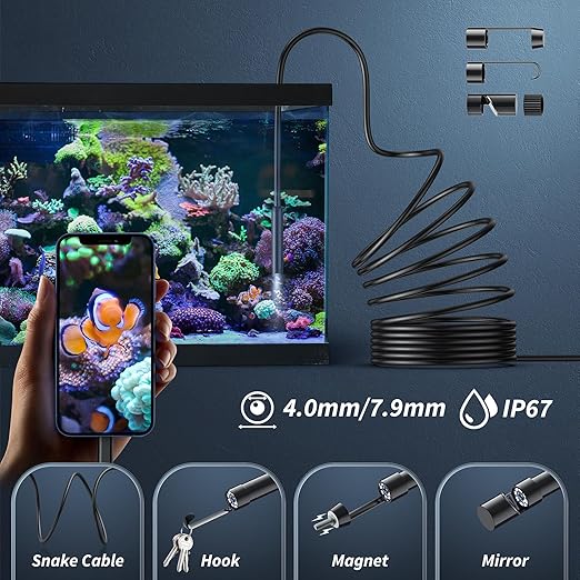 Kinpthy Endoscope Camera with Light, 1920P HD Borescope Tools with 8 Adjustable LED Lights, Endoscope with Semi-Rigid Snake Camera, Inspection Borescope for iOS - 16.3ft Single Line Single Lens