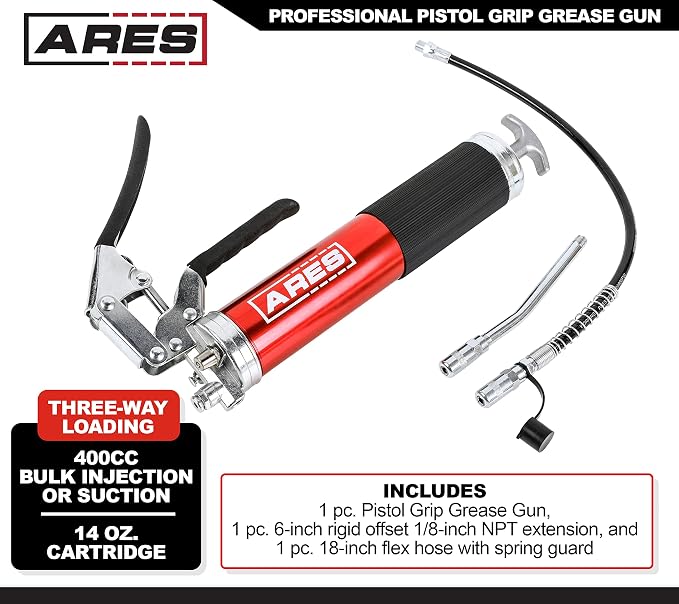 ARES 53015 – Professional Pistol Grip Grease Gun – Includes 18-Inch Flex Hose with Spring Guard and 6-Inch Offset Extension – 4500 PSI Working Pressure Rating