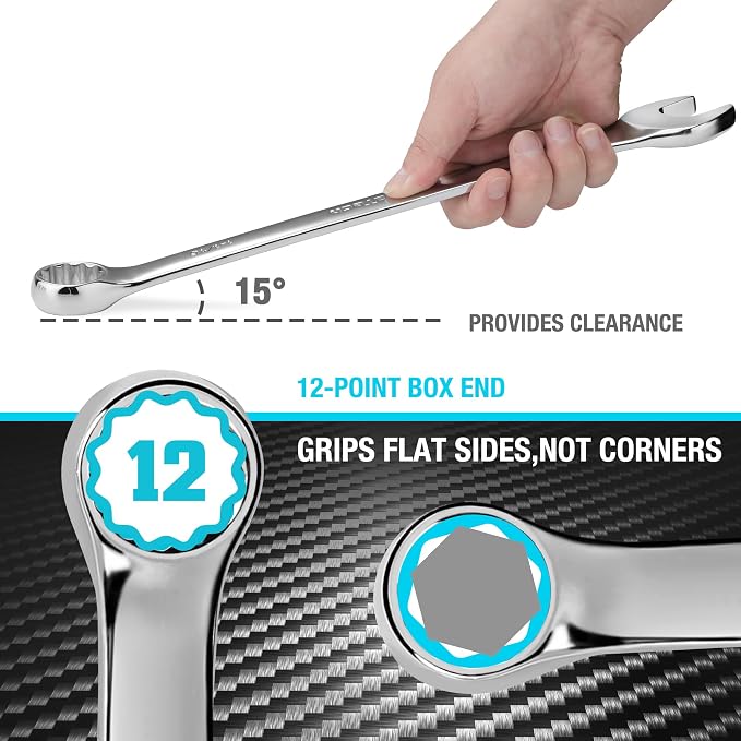 DURATECH 1-1/16" Combination Wrench, SAE, CR-V Constructed with Mirror Polish, 12-Point, 15-Degree Offset