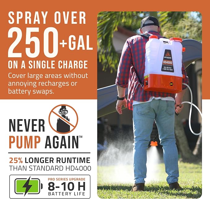 PetraTools Battery Powered Backpack Sprayer 4 Gallon - 8 Hours Long Battery Life & Padded Straps for Comfort - HD4000 Electric Backpack Garden Sprayer with 9 Spray Nozzles (HD4000 ProSeries with Cart)