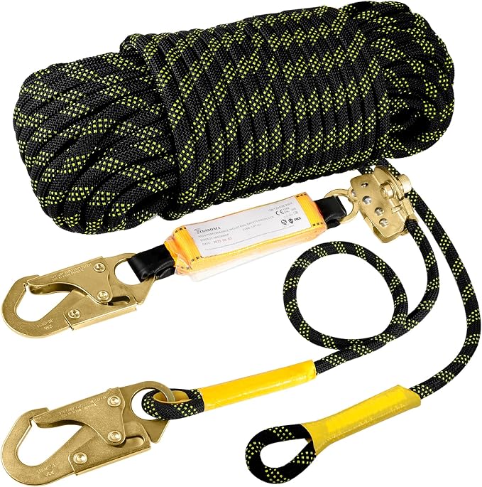 TRSMIMA Rope Harness Safety Lanyard：25/50/100/150ft Vertical Roofing Rope Grab Snap Hooks Shock Absorber Fall Protection Kit