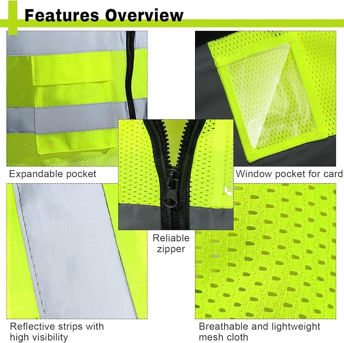 Newcotte 25 Pack Safety Vests Bulk Yellow Reflective High Visibility Vest with Mesh Pocket Zipper, Hi Vis Silver Strip for Men, Neon