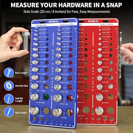 68 Nut and Bolt Thread Checker - 26 Standard and 26 Metric Bolt Checker and 16 Drill Bit Gauges, Bolt Size and Thread Gauge, Bolt Size Finder, Wall-Mountable Bolt and Nut Identifier Gauge