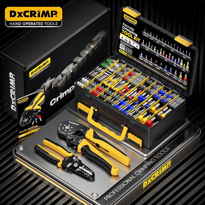 Ferrule Crimping Tool Kit, AWG 24-4 (0.25-25mm²) Hex Ratchet Crimper, 42 Types Insulated, Uninsulated & Twin Wire Ferrules - for DIY Electrical, Control Panels, Car Audio, Solar & RV