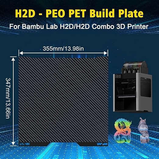 IdeaFormer-3D PEO PET Build Plate for Bambu Lab H2D H2S Combo, Double Sided Removable Smooth PEO PET Spring Steel Bed Plate for Bambu Labs H2D H2S 3D Printer Platform, 350mmx320mm Print Size
