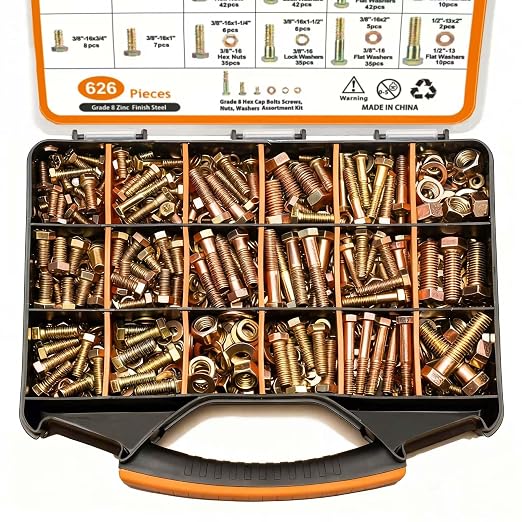 626PCS Assorted Nuts and Bolt Assortment Kit, SAE Grade 8 Heavy Duty Bolts and Nuts Kit, Including 1/4-20 5/16-18 3/8-16 1/2-13 SAE Sizes