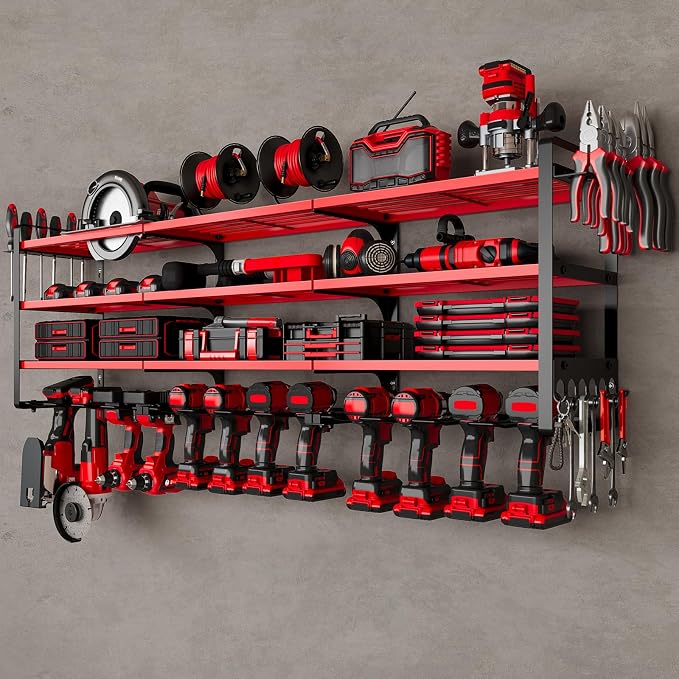 NattyDot 48" Large Power Tools Organizer Wall Mount,12 Drill Holder for Garage, Workshop Heavy Duty Storage Rack (Red)