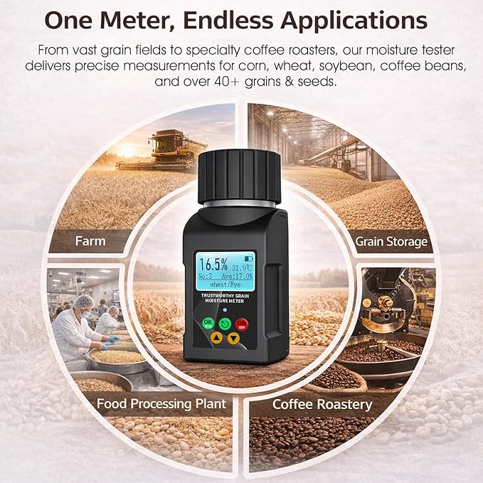 BTMETER Grain Moisture Tester, High Precision Digital Moisture Meter for 40+ Grains Including Wheat, Corn, Coffee Beans, Portable Cup-Type with Data Storage, for Farmers, Food Processors and Traders