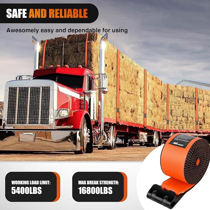 Nilight Truck Straps 4" x 30' Heavy Duty Tie Down with Flat Hooks 16800LBS Break Strength & 5400LBS WLL for Flatbed Trailer Cargo Control Recovery Tree Saver Bright Orange (2 Pack)