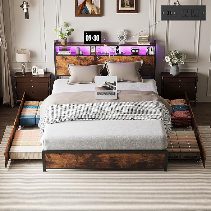 VINGLI King Bed Frame with 4 Storage Drawers and Adjustable Headboard Shelf, Metal Platform Captain Bed with Charging Station and RGB LED Lights, No Box Spring Needed, Noise Free, Wash Vintage Brown