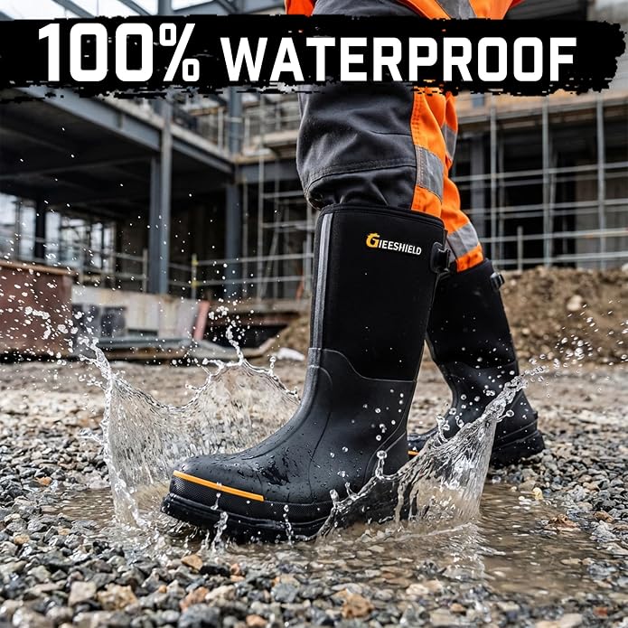 Men's Rubber Work Boots with Steel Toe & Shank, Waterproof & Anti-Slip, 6mm Neoprene, Durable Brown Rubber Boot for Construction, Farming, Manufacturing, Sizes 7-14