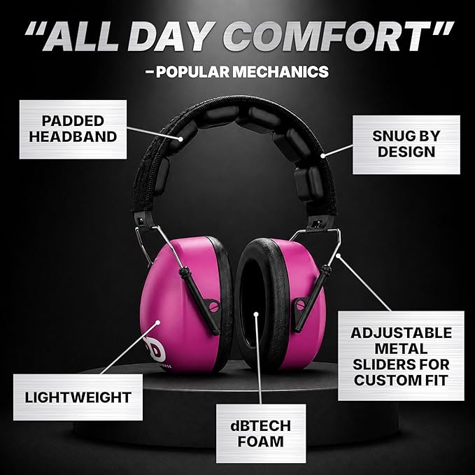 DECIBEL DEFENSE Professional Safety Ear Muffs 37dB NRR - The HIGHEST Rated & MOST COMFORTABLE Ear Protection For Shooting & Industrial Use - THE BEST HEARING PROTECTION...GUARANTEED (PINK)