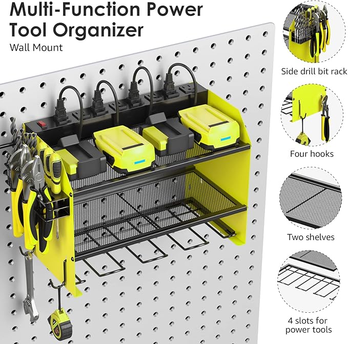 CCCEI Wall Mount Modular Tool Charging Organizer, Green, 1 Pack, 3 Tier. | Drill Battery Storage Rack with Hooks, Garage Workshop, Gifts for Men, Dad, Husband Anniversary, Birthday, Christmas