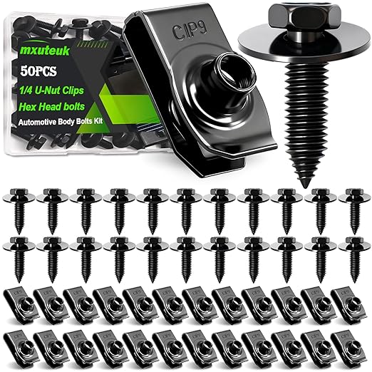 mxuteuk 50PCS 1/4 U-Nut Clips & Hex Head Automotive Body Fender Bolts Kit,for Most Cars Fender,Engine Undertray Cover, Engine Cover & Bumper Fender Liner