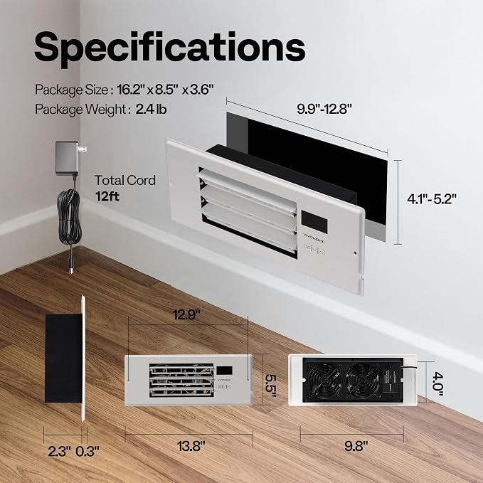 VIVOHOME Register Booster Fan - 4'' x 12'' Opening with Adjustable Louver - Smart Thermostat & 10-Speed Remote Control - AC Vent Fan for Floor, Ceiling, Wall - Quiet Operation (White)
