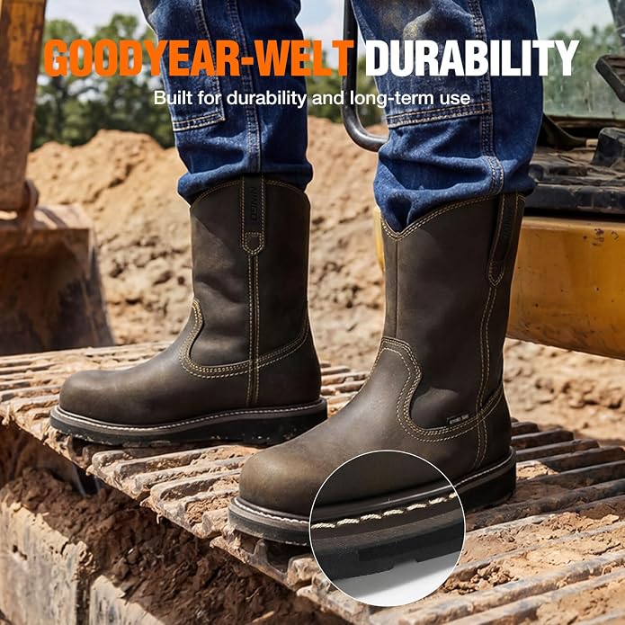 NINGO Soft/Steel Toe Work Boots for Men, Waterproof & Slip Resistant Wellington Leather Boots, Pull On Design, EH Protection with Goodyear Construction Shoes for Industrial, Farm & Welding