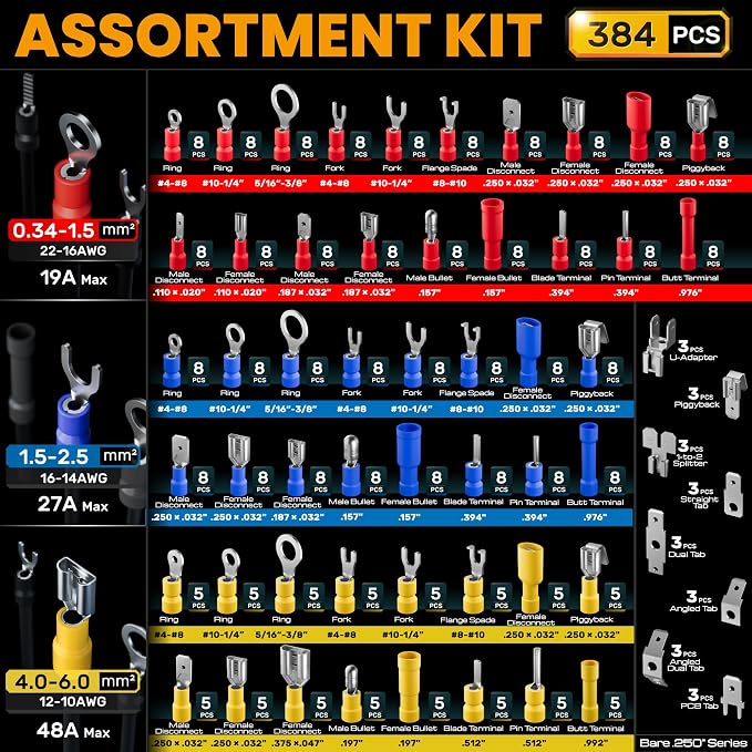 SOMELINE Wire Terminal Crimping Tool Kit, 22-10 AWG Ratcheting Crimper & Auto Stripper with 59-Style Electrical Connectors Assortment, Stackable Organizer for Automotive & Marine Wiring