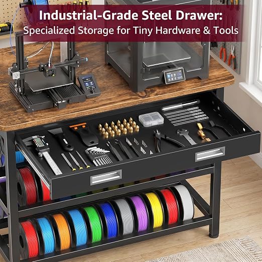 Heavy Duty 3D Printer Stand with Storage, 3D Printer Table with Metal Drawer,Sturdy 3-Tier Metal 3 D Printing Desk for 3 D Printers,Brown