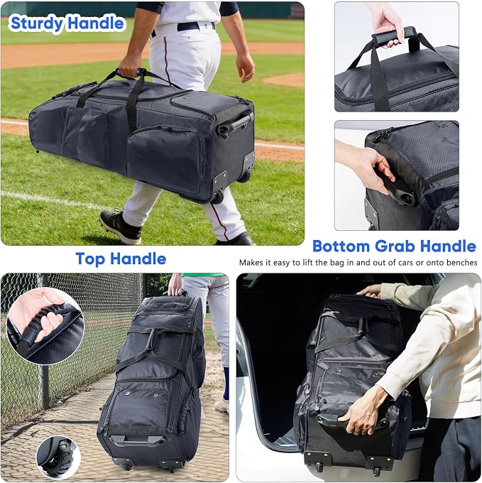 Large Rolling Baseball Catchers Gear Bag with Wheels, Softball Bag with Hard Backing for 4 Bats,Equipment Bag with Separate Shoe & Helmet Compartments, Youth Baseball Bag with 360° Spinner Wheels