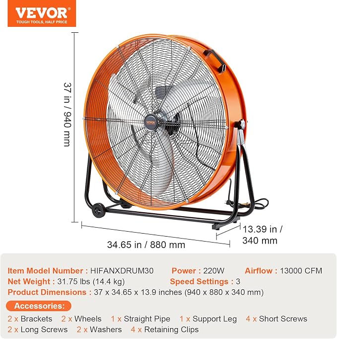 VEVOR Drum Fan, 30 Inch 13000 CFM High Velocity Heavy Duty Floor Shop Fan, 3-Speed, 5ft Cord, 360°Adjustable Tilting, Commercial Industrial Use for Warehouse, Workshop, Factory, Basement
