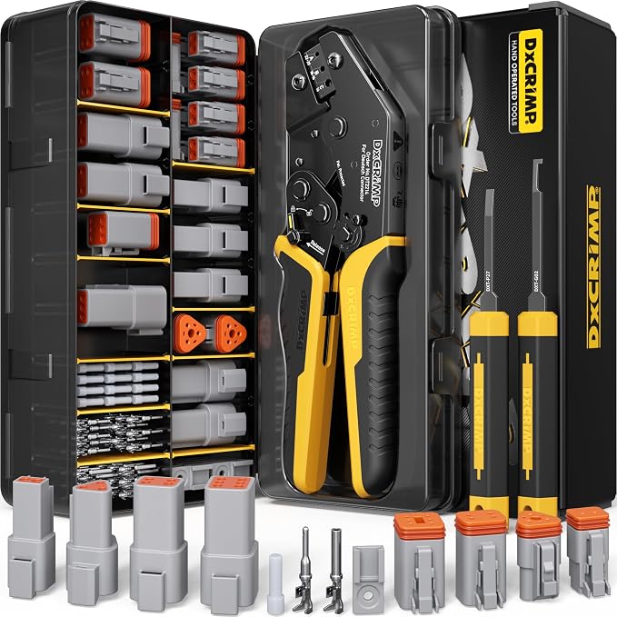 Deutsch DT Series Connector Crimping Tool Kit, 2/3/4/6 Pin Waterproof Automotive Electrical Connectors with 22–14 AWG Deutsch Crimp Tool & Pin Removal Tool for Automotive Wire Harness Repair