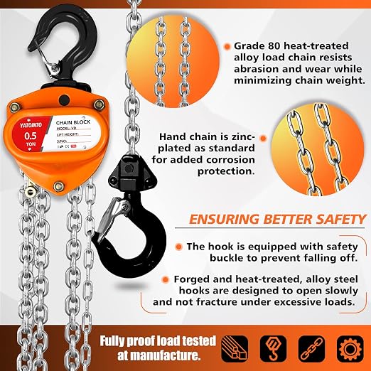 YATOINTO Chain Hoist 1/2 Ton (1100Lbs) Capacity 10FT, Manual Hand Lift Chain Block Hoist with 2 Heavy Duty Hooks, Industrial Grade Structures, Hand Chain Hoist for Garages Automotive Machinery