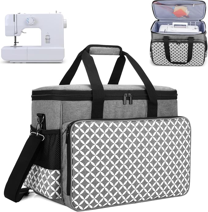 Yarwo Sewing Machine Carrying Case with Thicken Bottom Board, Universal Sewing Machine Tote Compatible with Most Standard Sewing Machine and Accessories, Gray with Grid