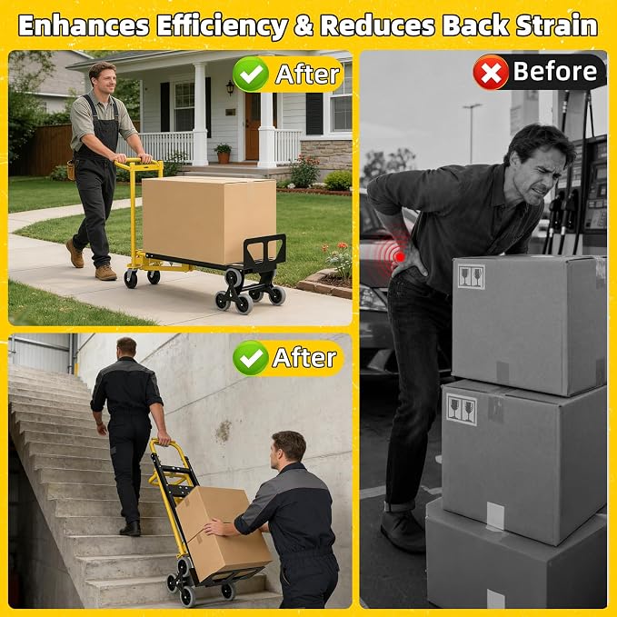 4 in 1 Convertible Hand Truck Dolly Cart with Wheels, 1000Lbs Capacity, Heavy Duty Stair Climbing Hand Trucks with Bungee Cord & Strap for Flat Ground & Stairs, Logistics, Home, Office, Yellow