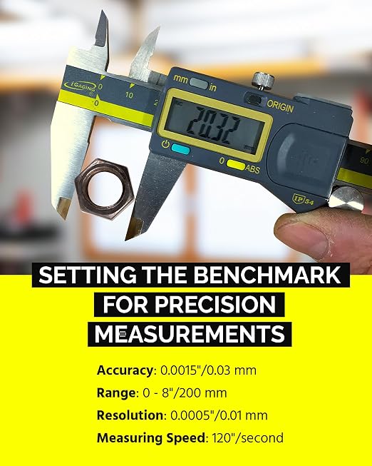 iGAGING Absolute Origin 0-8" Digital Caliper, IP54 Stainless Steel, SPC/USB Output Port, Inch & Metric Modes, Case, Manual, Battery