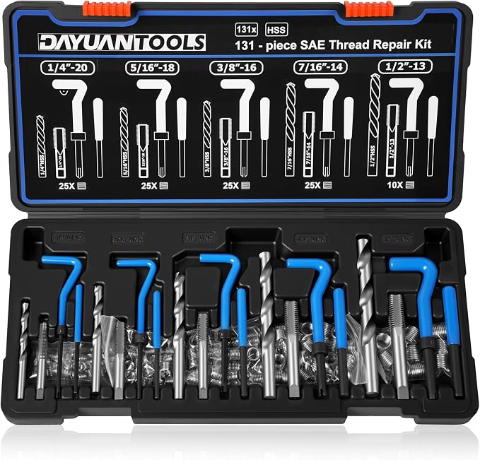 DAYUAN SAE Helicoil Thread Repair Kit, 131-Piece HSS Drill Heli Coil Repair Kit | 1/4"-1/2" SAE Sizes，135° Split-Point HSS Drill Bits，Automobile Rethreading Restorer Tool，Fits Steel, Aluminum & Cast Iron
