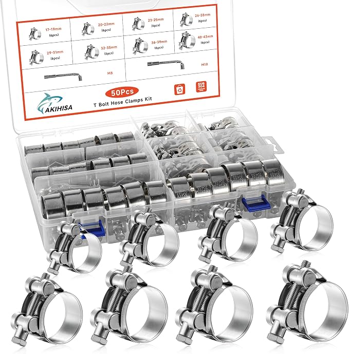 AKIHISA 50Pcs 17-43mm 8Sizes T Bolt Hose Clamps, 304 Stainless Steel Heavy Duty Hose Clamps, Constant Tension Hose Clamp, with M8 and M10 Socket Wrenches