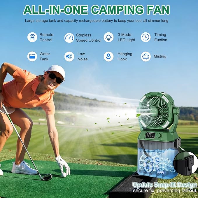 Wilody Portable Misting Fan 20000mAh Rechargeable Battery, 6L Bucket Outdoor Fan with LED Lights & Stepless Speed Control & Cooling Mist, Battery Powered Fan for Outdoor Patio Camping (Dark Green)
