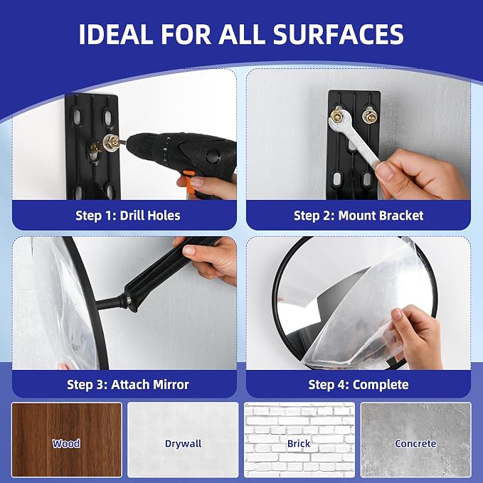 Shatterproof Acrylic Convex Mirror 12 Inch with LifetimeWarranty, Wide Angle Anti Theft Blind Spot Mirror with Wall Mount Kit for Garage Driveway and Store Safety, Outdoor Indoor