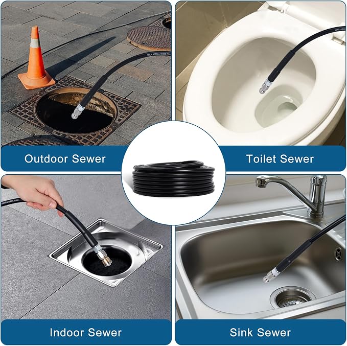 50FT Sewer Jetter Kit for Pressure Washer, 5800PSI Drain Cleaner Hose 1/4 Inch NPT Corner with 4 Sewer Jetting Nozzles，Waterproof Tape，Pearl Corsage Pin，Handle Strap & 2 Spanners (Black)