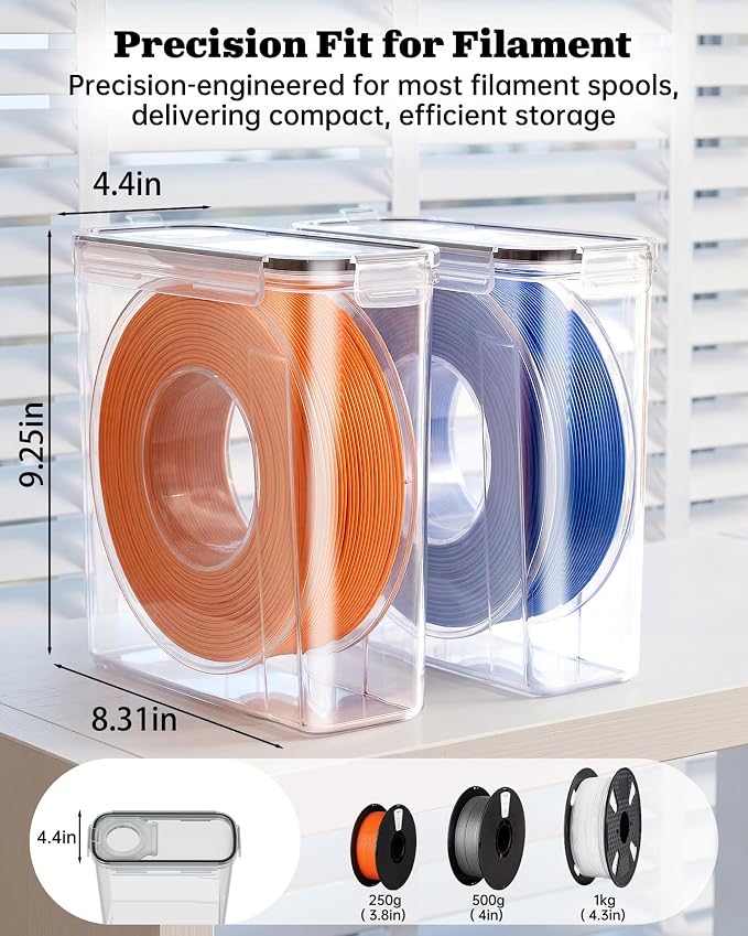 3D Printer Filament Storage Box, 8-Pack Airtight Containers for 1kg | Airtight silicone gasket and locking clips protect 1kg filament spools from moisture and dust for stable printing performance