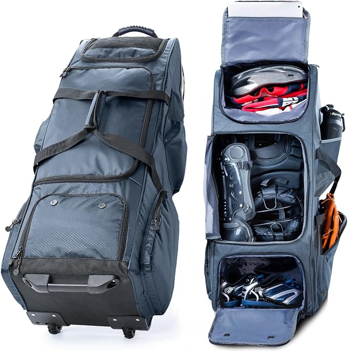 Large Rolling Baseball Catchers Gear Bag with Wheels, Softball Bag with Hard Backing for 4 Bats,Equipment Bag with Separate Shoe & Helmet Compartments, Youth Baseball Bag with 360° Spinner Wheels