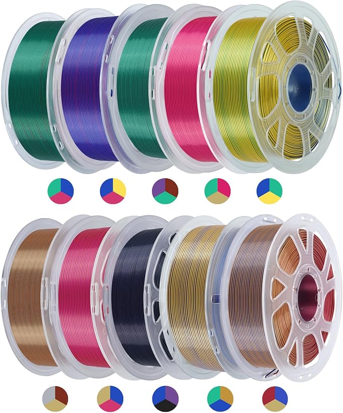Kingroon PLA Filament, Multicolor Silk PLA Filament, Tri Color 3D Printer Filament, 1.75 mm, Dimensional Accuracy +/- 0.03 mm, 10kg Spool(22lbs) 10 Rolls, 10 Different Multicolor Filaments
