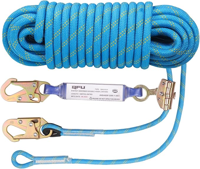 Heavy Duty Fall Protection Rope for roof & tree climbing. Includes safety harness, alloy steel clips, shock-absorbing lanyard