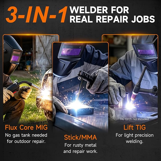 HITBOX 140A MIG Welder Gasless, 110V/220V Dual Voltage Flux Core Welder Flux MIG/Lift TIG/Stick 3 In 1 Synergy MIG Welding Machine With Torch Clamp and 0.8mm Flux Wire