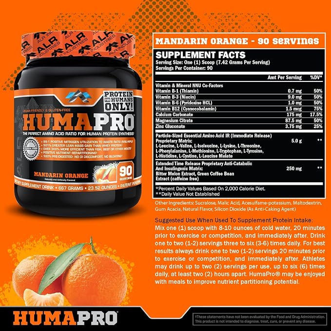 ALR Industries HumaPro Essential Amino Acid Formula | EAA Protein Supplement | Supports Muscle Recovery & Performance | Vegan, Gluten Free | | 90 Servings (Mandarin Orange)